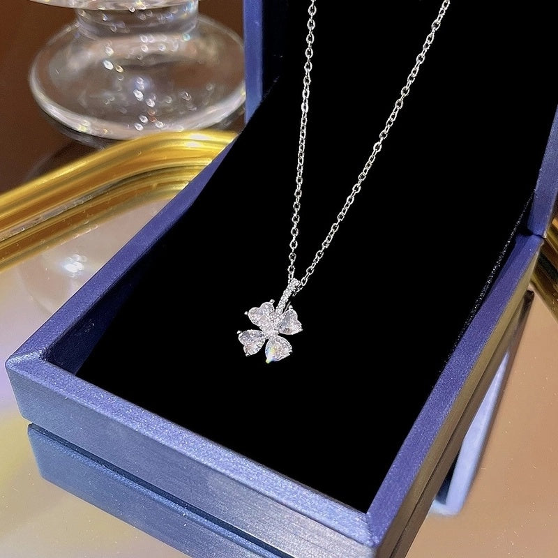 Elegant Classic Style Geometric Moon Bow Knot Titanium Steel Zircon Pendant Necklace