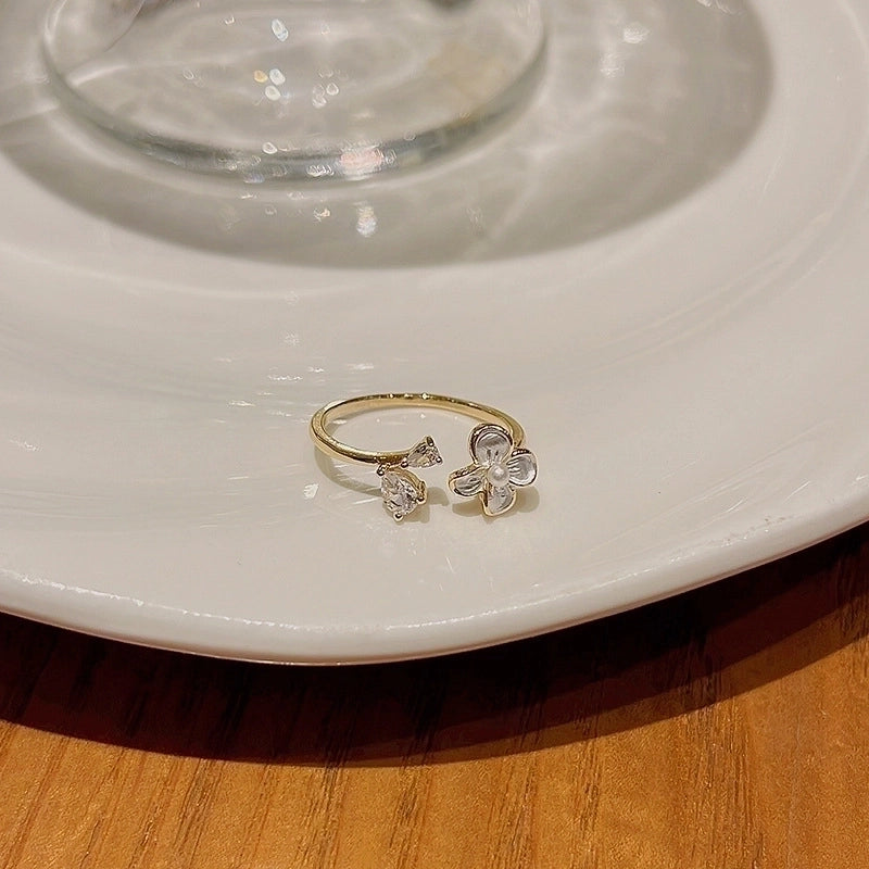 Minimalist Heart Shape Flower Bow Knot Copper Inlay Artificial Pearls Opal Zircon Rings