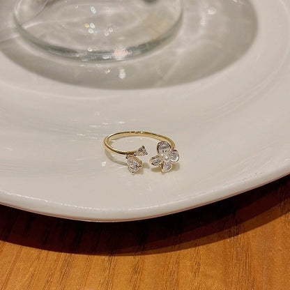 Minimalist Heart Shape Flower Bow Knot Copper Inlay Artificial Pearls Opal Zircon Rings