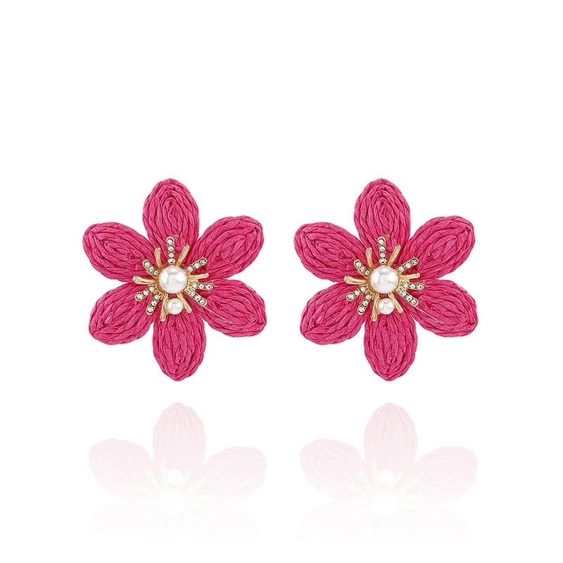 1 Pair Hawaiian Modern Style Sweet Flower Inlay Imitation Pearl Alloy Raffia Imitation Pearl Drop Earrings