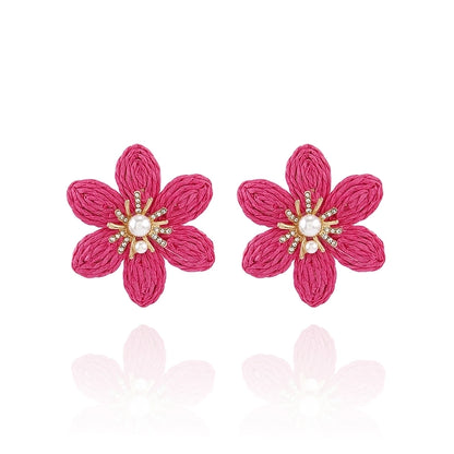 1 Pair Hawaiian Modern Style Sweet Flower Inlay Imitation Pearl Alloy Raffia Imitation Pearl Drop Earrings