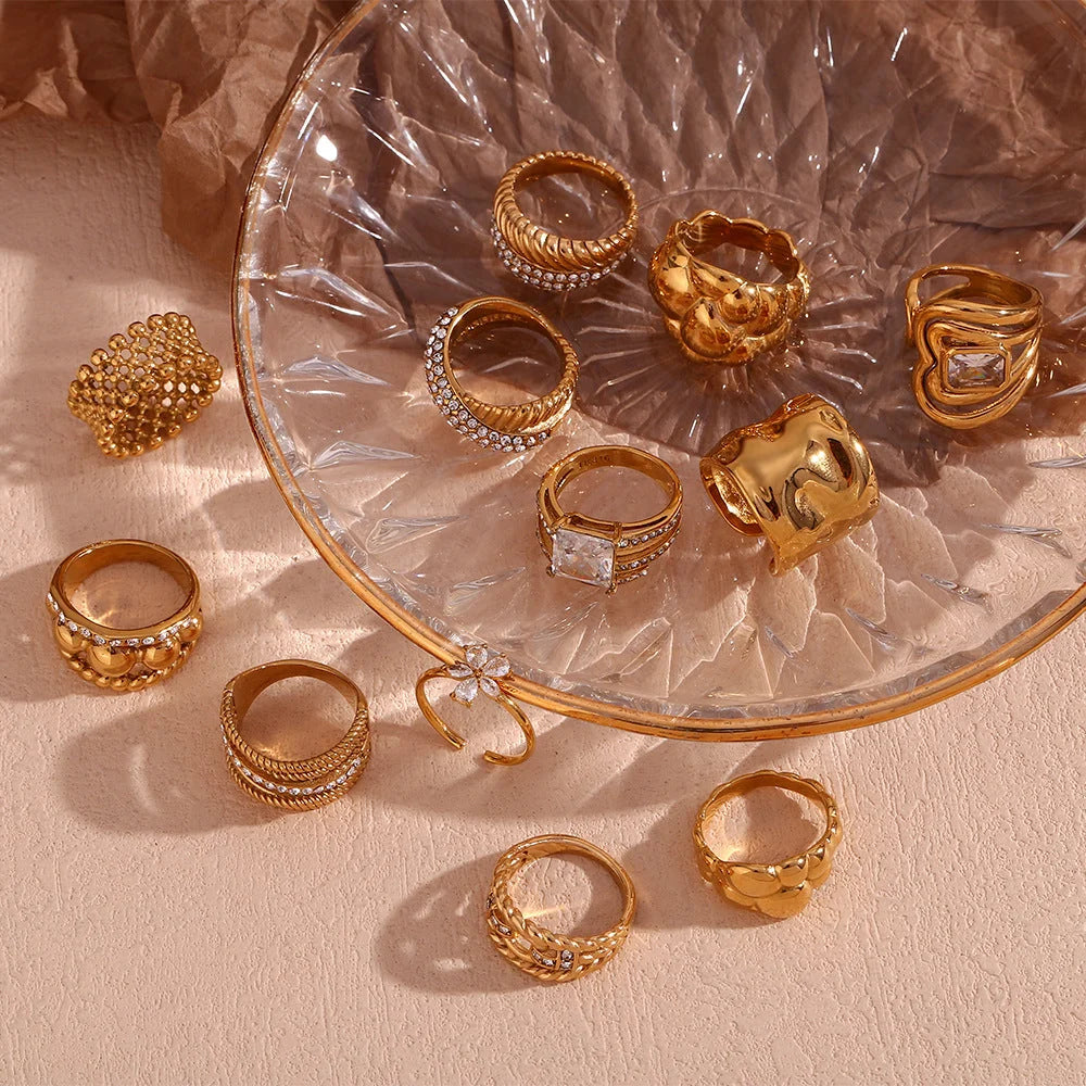 Fashion Niche Stripe Round Circle Geometric Stainless Steel 18K Gold Plated Rings