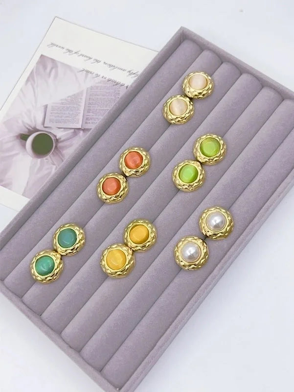 1 Pair Elegant French Style Round Inlay 304 Stainless Steel Artificial Gemstones Natural Stone Ear Studs