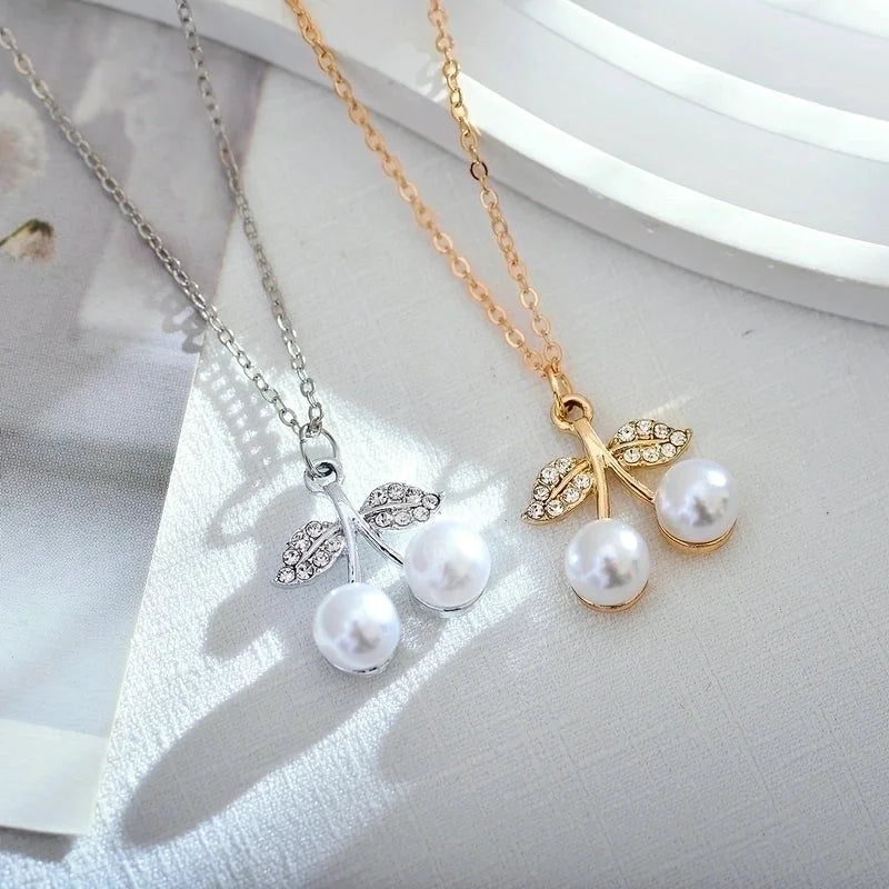 Korean Style Cherry Titanium Steel Artificial Pearls Zircon Gold Plated Plating Inlay Pendant Necklace