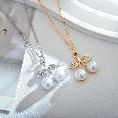 Korean Style Cherry Titanium Steel Artificial Pearls Zircon Gold Plated Plating Inlay Pendant Necklace