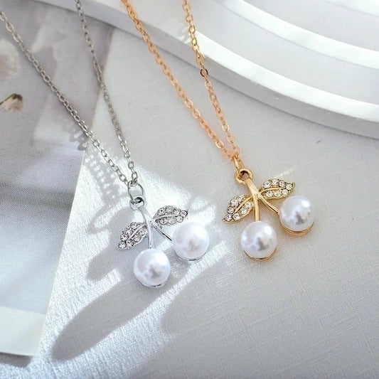 Korean Style Cherry Titanium Steel Artificial Pearls Zircon Gold Plated Plating Inlay Pendant Necklace
