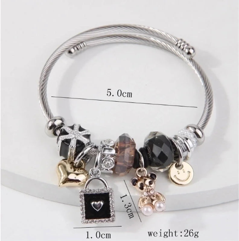 2 Pieces Minimalist Bear Heart Shape Stainless Steel Alloy Bangle