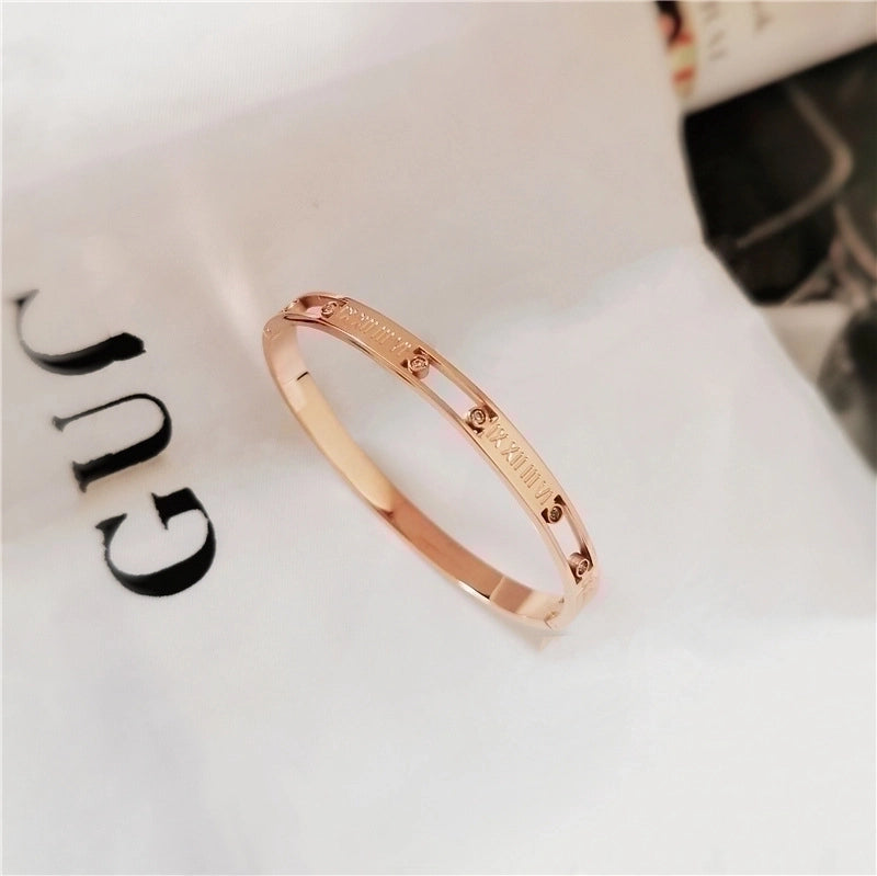 Casual Minimalist Round Square Stripe Stainless Steel Plating Inlay Zircon 18k Gold Plated Bangle
