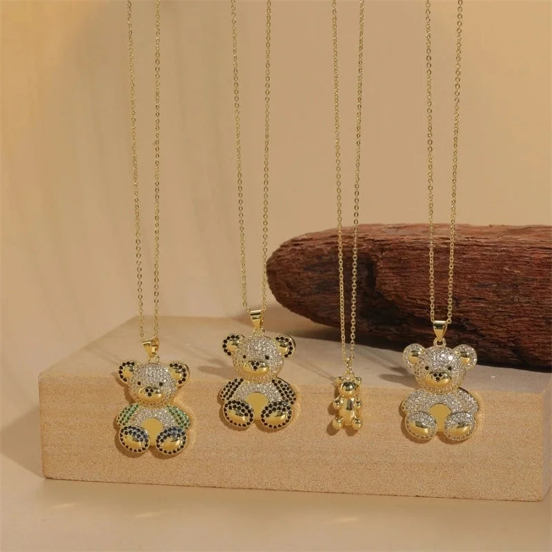 Minimalist Little Bear Brass Plating Inlay Zircon 14k Gold Plated Pendant Necklace