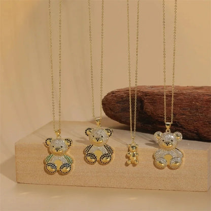 Minimalist Little Bear Brass Plating Inlay Zircon 14k Gold Plated Pendant Necklace