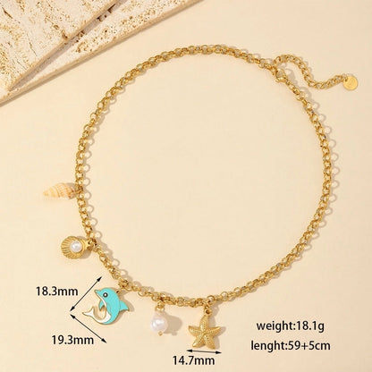 Cute Starfish Dolphin Shell 304 Stainless Steel Imitation Pearl Imitating Stone 18K Gold Plated Enamel Plating Inlay Multi Charms Necklace