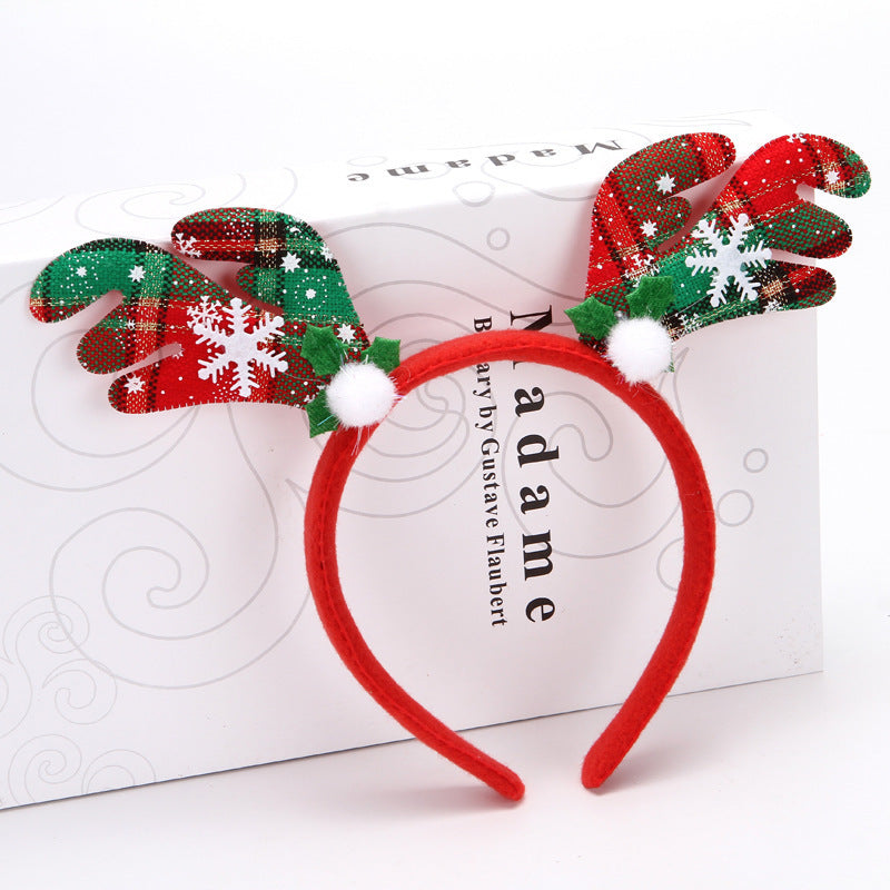 6 Pieces Rl481 Christmas Antler Headband Printed Plaid Fabric Three Styles Antler Headband Christmas Decoration