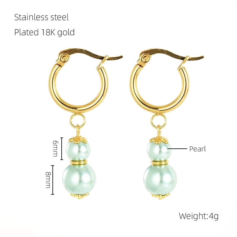 1 Pair Elegant Classical Round Pearl Plating 304 Stainless Steel 18K Gold Plated Drop Earrings