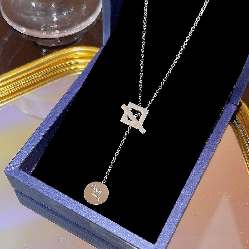Elegant Classic Style Geometric Moon Bow Knot Titanium Steel Zircon Pendant Necklace