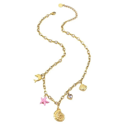 Casual Marine Style Starfish Conch Dolphin Titanium Steel Zircon Pearl Plating Inlay Multi Charms Necklace