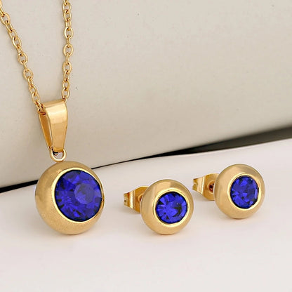 Luxurious Classic Style Shiny Round 304 Stainless Steel Crystal Zirconium 18K Gold Plated Plating Jewelry Set