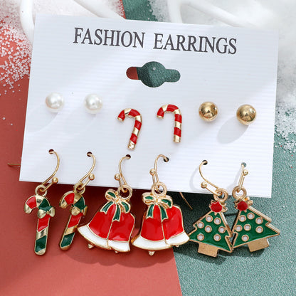 New Christmas Snowman Cane Earrings Set Cartoon Dripping Elk Wreath Earrings