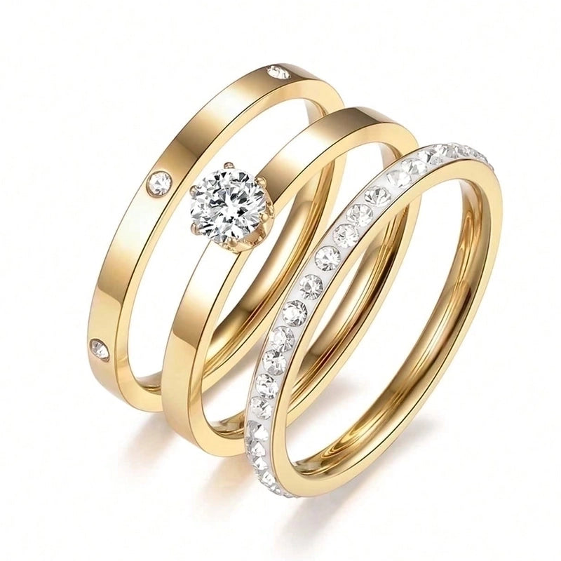 Elegant Solid Color 304 Stainless Steel Zircon Gold Plated Inlay Rings