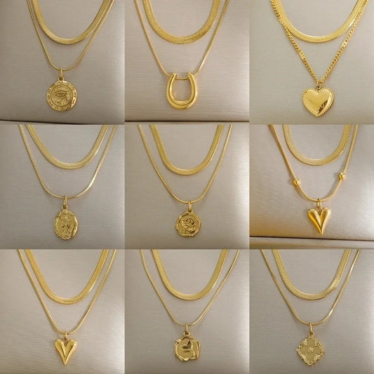 Modern Style Classic Style Letter Heart Shape Flower 304 Stainless Steel Plating Double Layer Necklaces Pendant Necklace