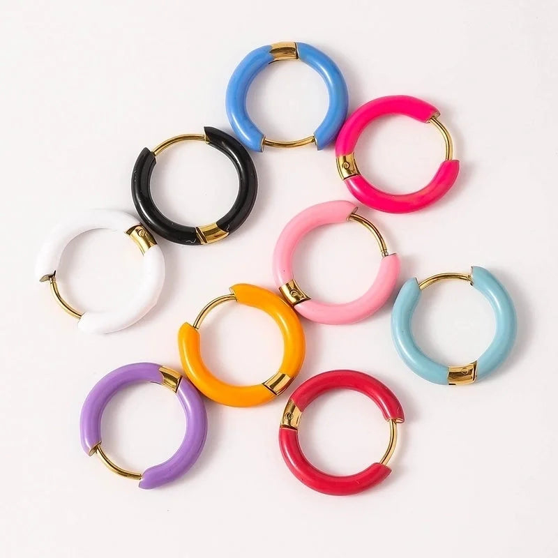 [Whole Titanium Steel] Fashion Colorful Oil Necklace Earrings Geometric Round Titanium Steel Earrings