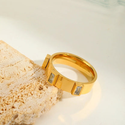 IG Style Basic Commute Solid Color 304 Stainless Steel Zircon 18K Gold Plated Plating Inlay Rings