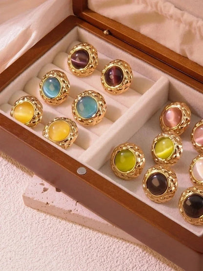 1 Pair Elegant French Style Round Inlay 304 Stainless Steel Artificial Gemstones Natural Stone Ear Studs