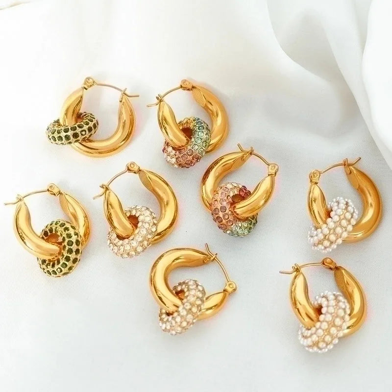 1 Pair Vintage Style C Shape Circle Inlay 304 Stainless Steel Titanium Steel Zircon 18K Gold Plated Earrings Ear Studs
