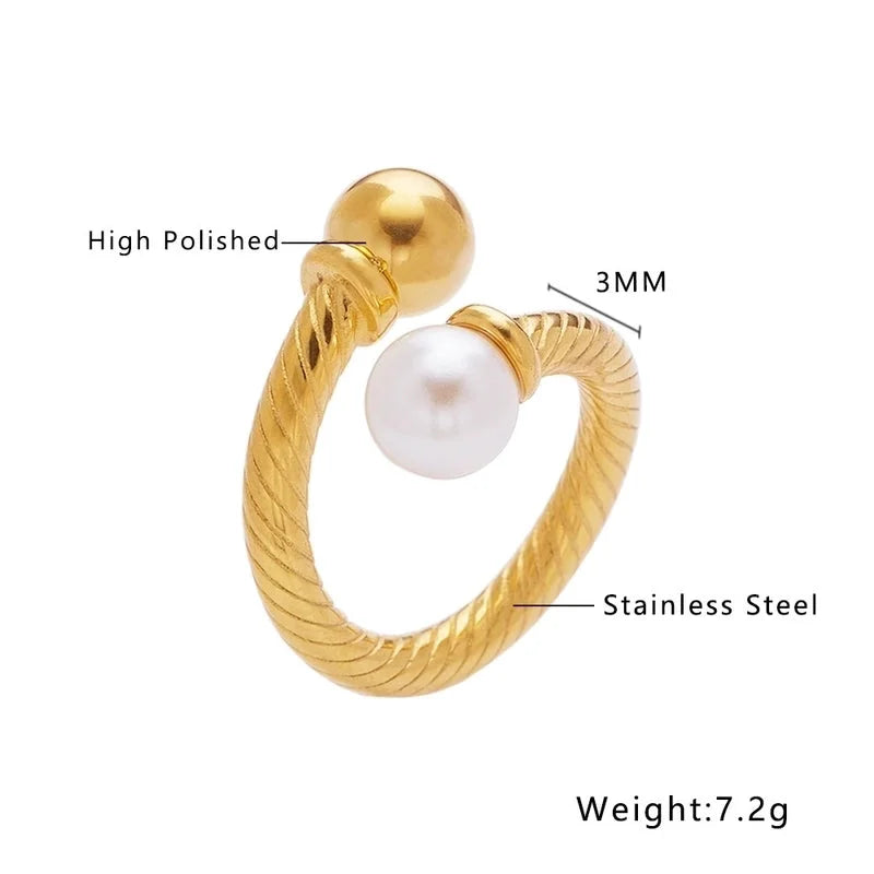IG Style Minimalist Geometric Titanium Steel Pearl Zircon Inlay Rings