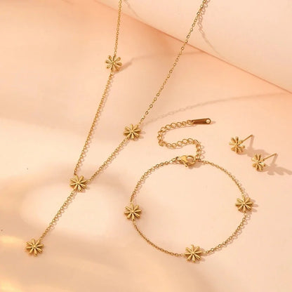 Sweet Minimalist Flower Titanium Steel 18K Gold Plated Bracelets Necklace Jewelry Set
