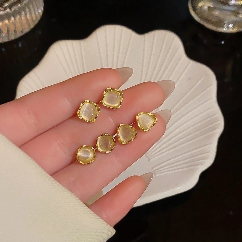 1 Set Minimalist Geometric Enamel Plating Inlay Copper Rhinestones Opal Shell Earrings