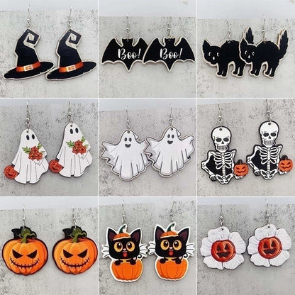 Funny Streetwear Halloween Pattern Spider Wood Drop Earrings