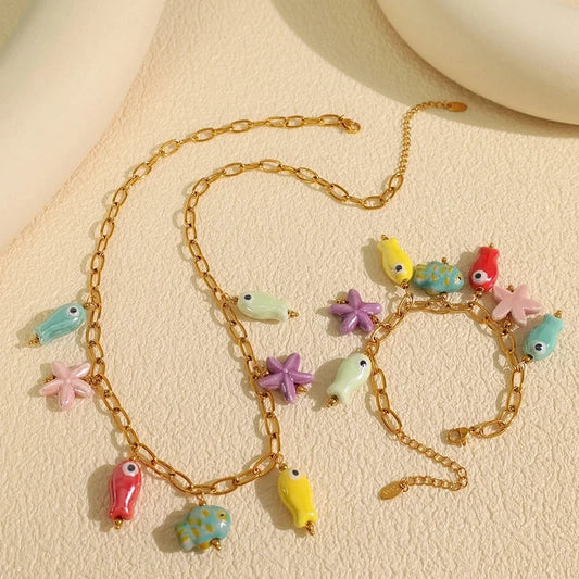 IG Style Casual Beach Starfish Fish 304 Stainless Steel Ceramics 18K Gold Plated Beaded Polishing Bracelets Necklace