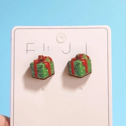 1 Set Cute Minimalist Christmas Tree Santa Claus Sock Printing Wood Ear Studs