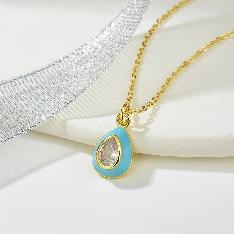 Copper Enamel Inlay Water Droplets Zircon Pendant Necklace