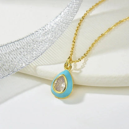 Copper Enamel Inlay Water Droplets Zircon Pendant Necklace