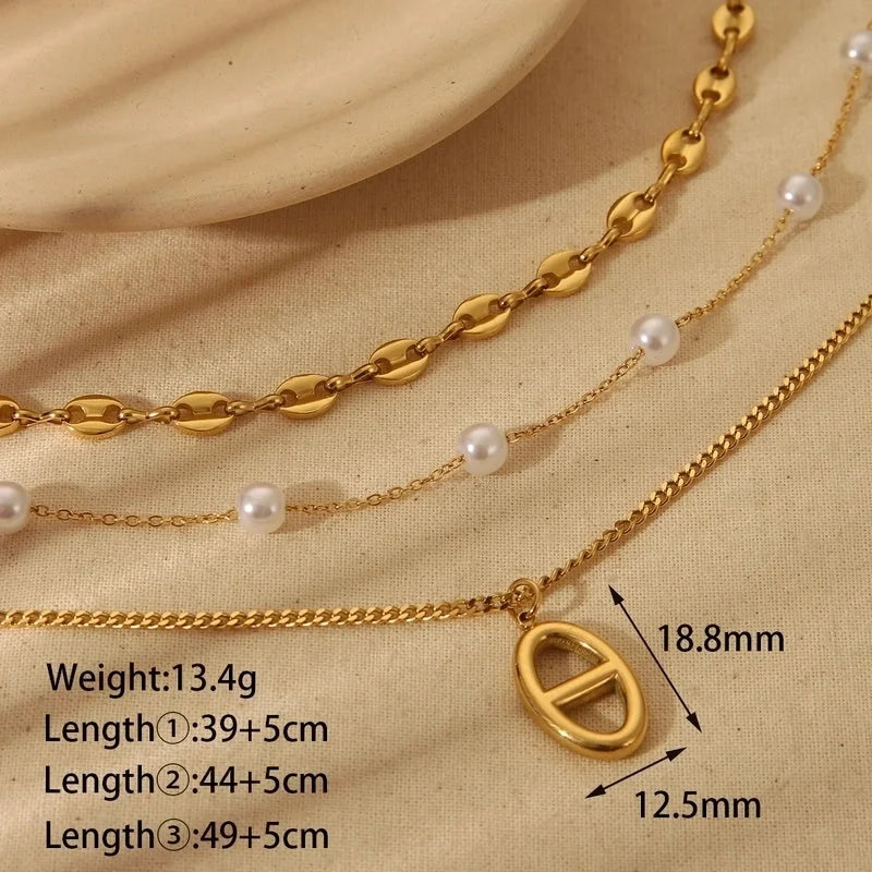 Vintage Style Geometric Heart Shape 304 Stainless Steel 18K Gold Plated Plating Three Layer Necklace