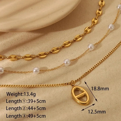 Vintage Style Geometric Heart Shape 304 Stainless Steel 18K Gold Plated Plating Three Layer Necklace