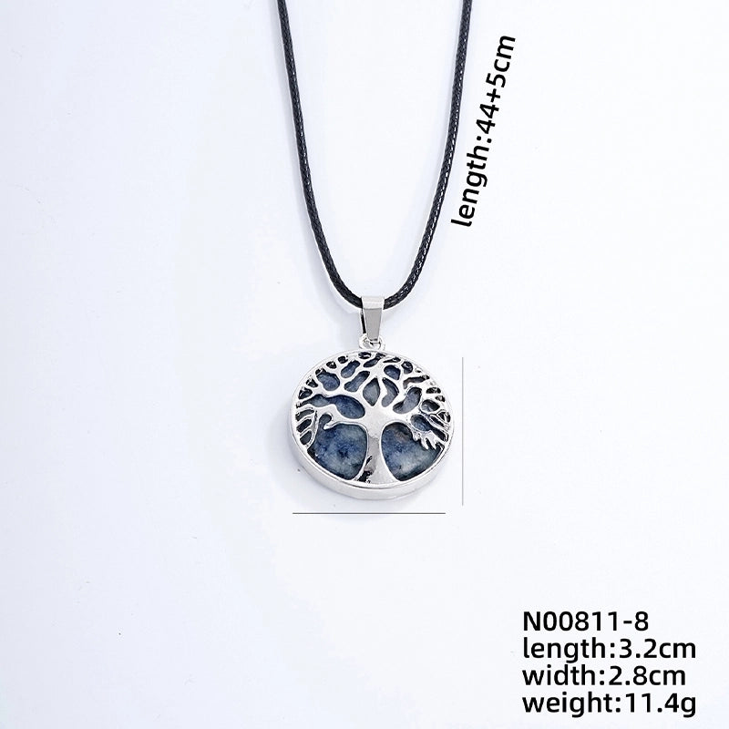 Ig Style Minimalist Round Tree Stainless Steel Natural Stone Leather Rope Inlay Natural Stone Pendant Necklace