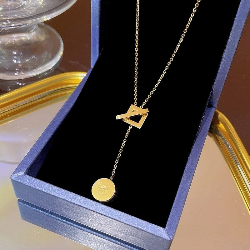 Elegant Classic Style Geometric Moon Bow Knot Titanium Steel Zircon Pendant Necklace