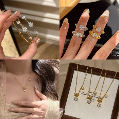 Elegant Lady Four Leaf Clover Flower Copper Mixed Metal Rings Bracelets Necklace