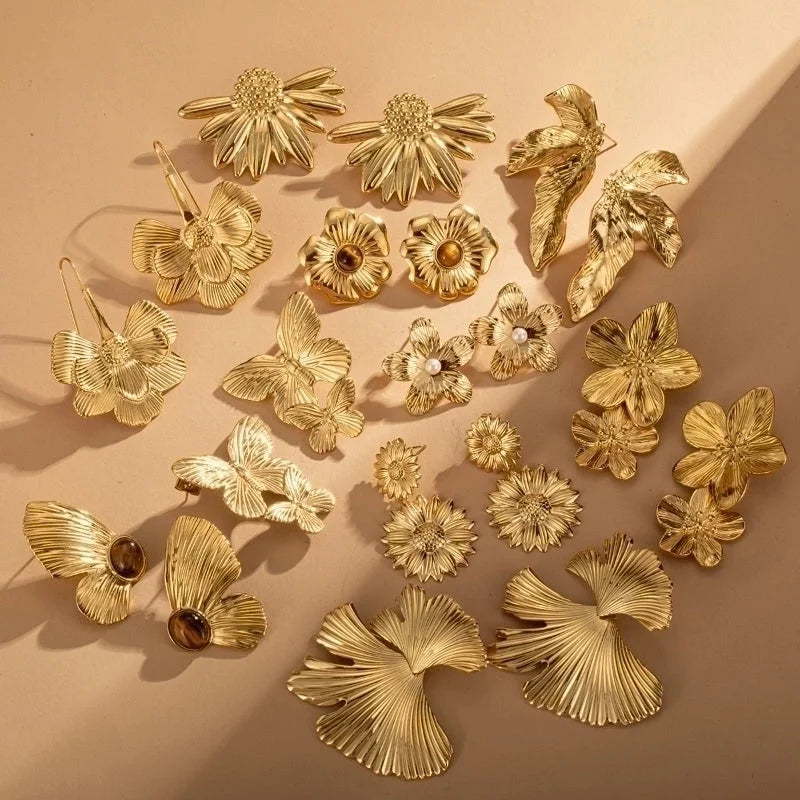 1 Pair Retro Geometric Flower Butterfly Plating Inlay Titanium Steel Tiger Eye 18K Gold Plated Ear Studs