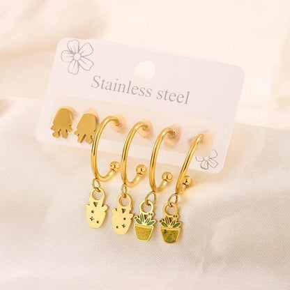 3 Pairs Minimalist Heart Shape Flower Enamel 304 Stainless Steel 18K Gold Plated Drop Earrings Ear Studs
