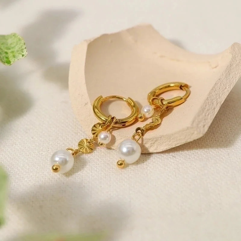 1 Pair IG Style Minimalist Round Pearl Plating 304 Stainless Steel Pearl 18K Gold Plated Drop Earrings
