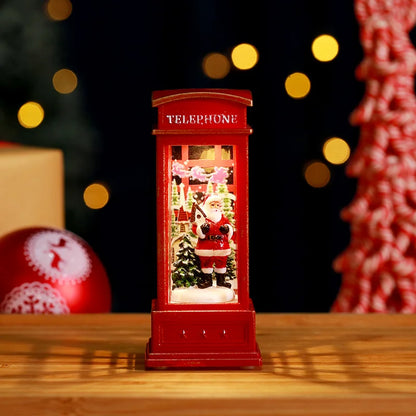2 Pieces Christmas Light-up Water-filled Christmas Lantern Desktop Ornament Santa Claus Interior Scene Telephone Booth Gift