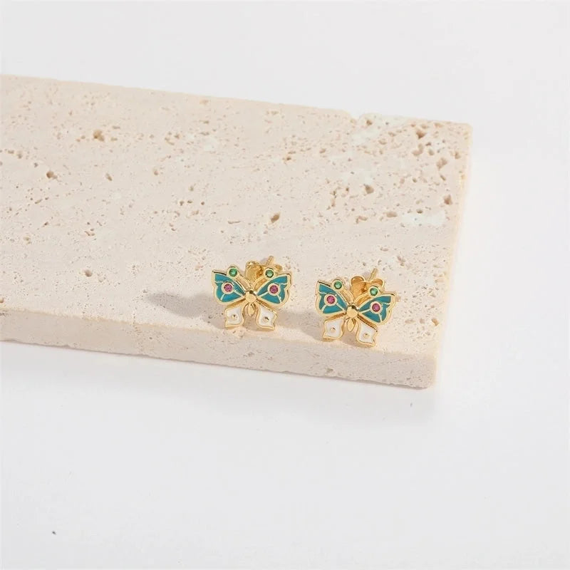 1 Pair Elegant Minimalist Commute Eye Butterfly Enamel Inlay Copper Zircon 14K Gold Plated Ear Studs