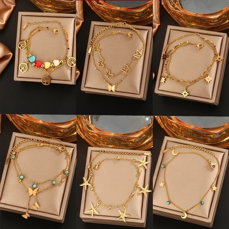 Vintage Style Novelty Classic Style Star Life Tree Butterfly 304 Stainless Steel Turquoise Rhinestone Artificial Rhinestones Turquoise 18K Gold Plated Plating Inlay Bracelets Anklet