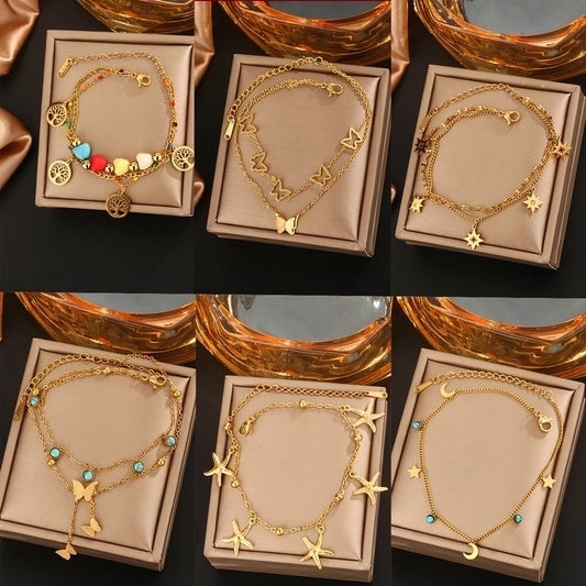 Vintage Style Novelty Classic Style Star Life Tree Butterfly 304 Stainless Steel Turquoise Rhinestone Artificial Rhinestones Turquoise 18K Gold Plated Plating Inlay Bracelets Anklet