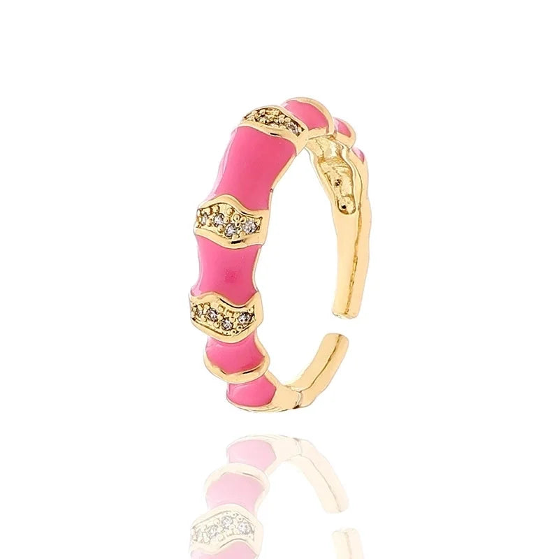 Ig Style Geometric Copper Enamel Inlay Zircon Open Ring