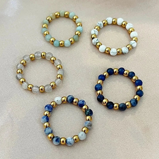 304 Stainless Steel Natural Stone Elastic String Minimalist Beaded Round Rings