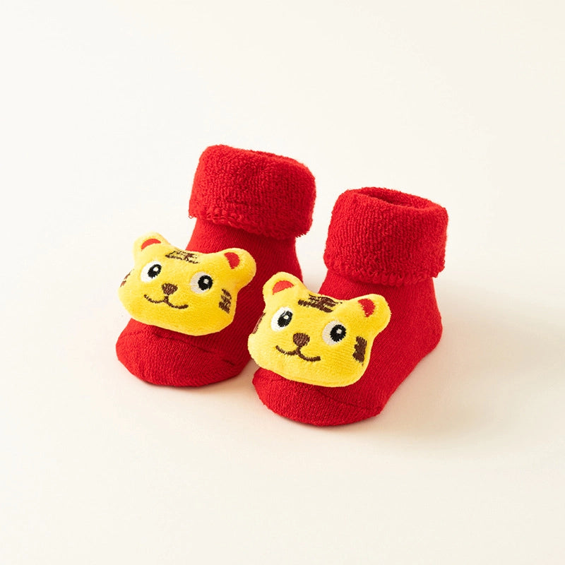 New Newborn Baby Socks Autumn And Winter A Cotton Red Terry Fleece-lined Thickened Non-slip Baby Christmas Floor Socks 1